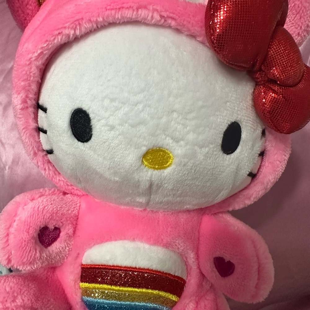 NEW Hello Kitty Pink Plush with Red Bow and Rainbow